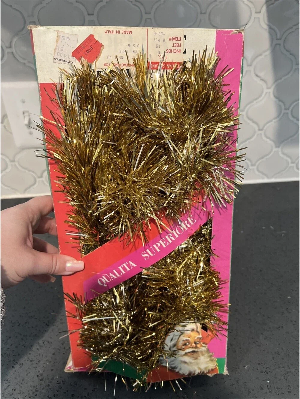 Vintage Christmas Gold Tinsel Garland Made In Italy 18 Yards With Box